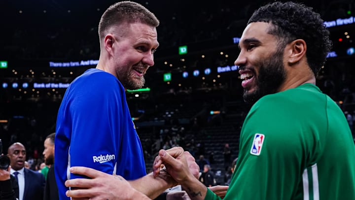 Mar 18, 2026; Boston, Massachusetts, USA; Golden State Warriors center Kristaps Porzingis (7) talks with Boston Celtics forward Jayson Tatum (0) after the game at TD Garden. Mandatory Credit: David Butler II-Imagn Images Mar 18, 2026; Boston, Massachusetts, USA; Golden State Warriors center Kristaps Porzingis (7) talks with Boston Celtics forward Jayson Tatum (0) after the game at TD Garden. Mandatory Credit: David Butler II-Imagn Images