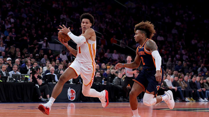 Dec 11, 2024; New York, New York, USA; Atlanta Hawks forward Jalen Johnson (1) drives to the basket against New York Knicks guard Miles McBride (2) during the second quarter at Madison Square Garden. Mandatory Credit: Brad Penner-Imagn Images Dec 11, 2024; New York, New York, USA; Atlanta Hawks forward Jalen Johnson (1) drives to the basket against New York Knicks guard Miles McBride (2) during the second quarter at Madison Square Garden. Mandatory Credit: Brad Penner-Imagn Images