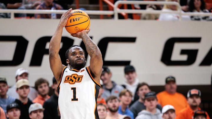 Jan 17, 2026; Stillwater, Oklahoma, USA; Kanye Clary (1) of the Oklahoma State Cowboys shoots the ball during the first half against the Kansas State Wildcats at Gallagher-Iba Arena. Mandatory Credit: William Purnell-Imagn Images Jan 17, 2026; Stillwater, Oklahoma, USA; Kanye Clary (1) of the Oklahoma State Cowboys shoots the ball during the first half against the Kansas State Wildcats at Gallagher-Iba Arena. Mandatory Credit: William Purnell-Imagn Images