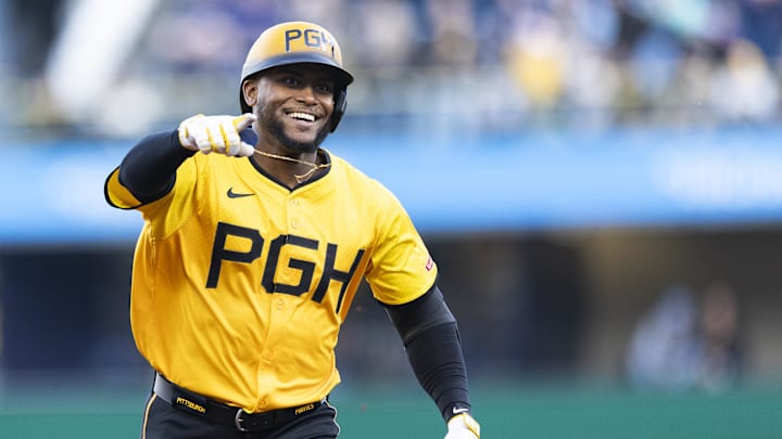 May 9, 2025; Pittsburgh, Pennsylvania, USA; Pittsburgh Pirates outfielder Alexander Canario (29) celebrates his home run against the Atlanta Braves during the third inning at PNC Park. Mandatory Credit: Scott Galvin-Imagn Images
