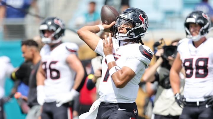 Sep 21, 2025; Jacksonville, Florida, USA; Houston Texans quarterback C.J. Stroud (7) warms up before the game against the Jacksonville Jaguars at EverBank Stadium. Mandatory Credit: Morgan Tencza-Imagn Images