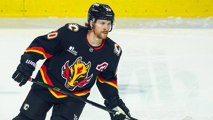 Mar 3, 2026; Calgary, Alberta, CAN; Calgary Flames left wing Blake Coleman (20) skates during the warmup period against the Dallas Stars at Scotiabank Saddledome. Mandatory Credit: Sergei Belski-Imagn Images