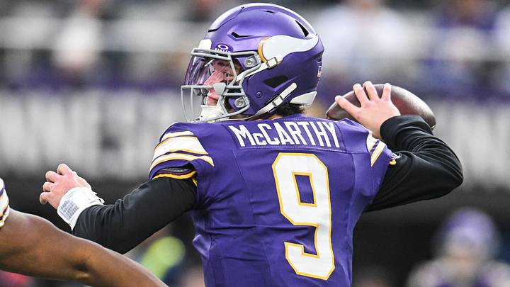 Jan 4, 2026; Minneapolis, Minnesota, USA; Minnesota Vikings quarterback J.J. McCarthy (9) throws a pass against the Green Bay Packers during the first quarter at U.S. Bank Stadium. Mandatory Credit: Jeffrey Becker-Imagn Images
