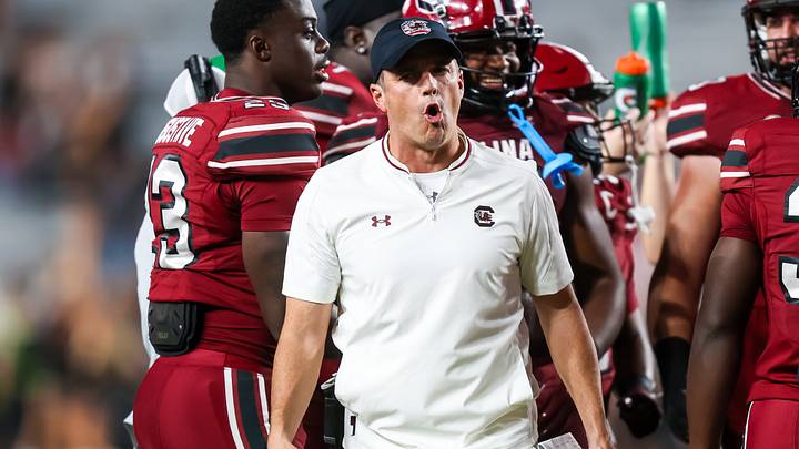 Nov 22, 2025; Columbia, South Carolina, USA; South Carolina Gamecocks head coach Shane Beamer reacts to a play against the Coastal Carolina Chanticleers in the second half at Williams-Brice Stadium. Mandatory Credit: Jeff Blake-Imagn Images