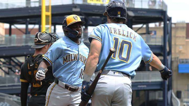 Jul 11, 2026; Pittsburgh, Pennsylvania, USA;  Milwaukee Brewers right fielder Sal Frelick (10) greets left fielder Luis Lara (18) crossing home plate to score a run against the Pittsburgh Pirates during the fifth inning at PNC Park. Mandatory Credit: Charles LeClaire-Imagn Images