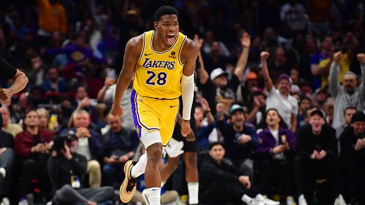 Los Angeles Lakers forward Rui Hachimura (28) reacts after scoring a three point basket against the Los Angeles Clippers. Los Angeles Lakers forward Rui Hachimura (28) reacts after scoring a three point basket against the Los Angeles Clippers.
