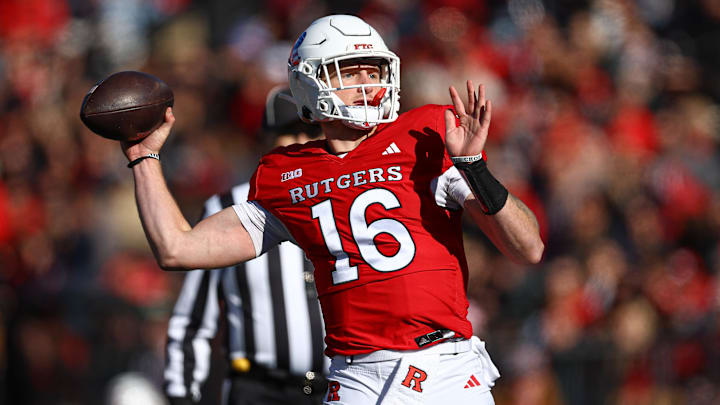 Nov 9, 2024; Piscataway, New Jersey, USA; Rutgers Scarlet Knights quarterback Athan Kaliakmanis (16) throws a touchdown pass during the first half against the Minnesota Golden Gophers at SHI Stadium. Mandatory Credit: Vincent Carchietta-Imagn Images Nov 9, 2024; Piscataway, New Jersey, USA; Rutgers Scarlet Knights quarterback Athan Kaliakmanis (16) throws a touchdown pass during the first half against the Minnesota Golden Gophers at SHI Stadium. Mandatory Credit: Vincent Carchietta-Imagn Images