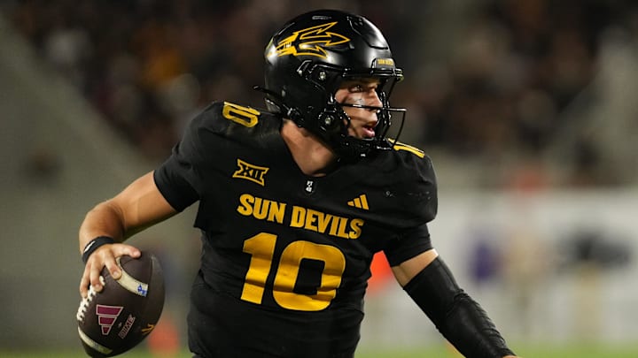 Sep 26, 2025; Tempe, Arizona, USA; Arizona State Sun Devils quarterback Sam Leavitt (10) looks to pass against TCU Horned Frogs in the second half at Mountain America Stadium, Home of the ASU Sun Devils. Mandatory Credit: Jacob Reiner-Imagn Images