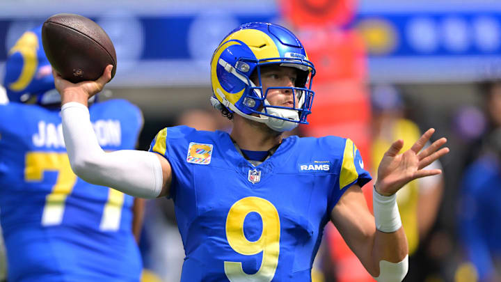 Sep 28, 2025; Inglewood, California, USA; Los Angeles Rams quarterback Matthew Stafford (9) sets to pass in the first half against the Indianapolis Colts at SoFi Stadium. Mandatory Credit: Jayne Kamin-Oncea-Imagn Images