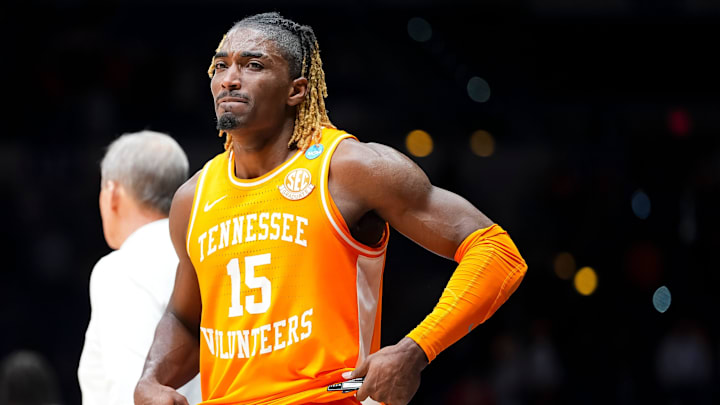 Tennessee guard Jahmai Mashack (15) walks off the court after a NCAA Tournament Elite Eight game between Tennessee and Houston at Lucas Oil Stadium in Indianapolis, Ind., on Sunday, March 30, 2025.