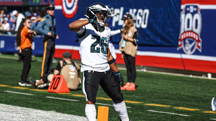 Oct 20, 2024; East Rutherford, New Jersey, USA; Philadelphia Eagles running back Saquon Barkley (26) celebrates after a long run during the first half against the New York Giants at MetLife Stadium. Mandatory Credit: Vincent Carchietta-Imagn Images