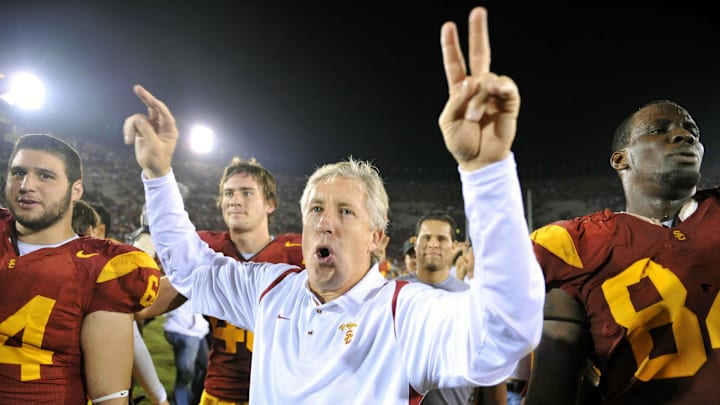 Nov 8, 2008; Los Angeles, CA, USA; Southern California Trojans coach Pete Carroll celebrates after game against the California Golden Bears at the Los Angeles Memorial Coliseum. USC defeated California 17-3. Mandatory Credit: Kirby Lee/Image of Sport-Imagn Images