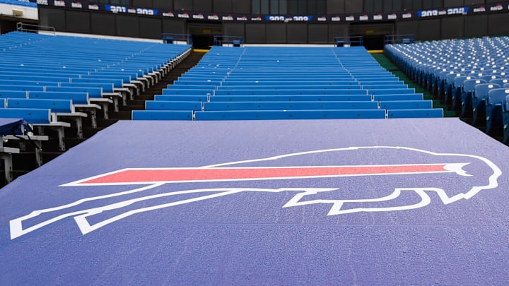 General view of a Buffalo Bills logo on a seat cover prior to the game between the New York Jets and the Buffalo Bills at Bills Stadium.