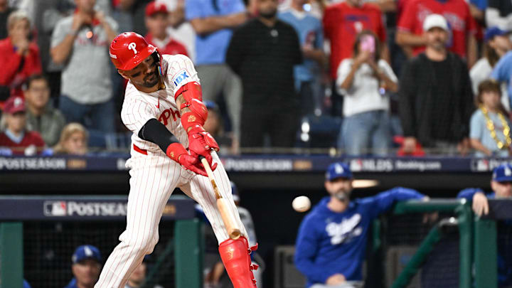 Oct 6, 2025; Philadelphia, Pennsylvania, USA; Philadelphia Phillies right fielder Nick Castellanos (8) hits a two-run double against the Los Angeles Dodgers in the ninth inning during game two of the NLDS round for the 2025 MLB playoffs at Citizens Bank Park. Mandatory Credit: Eric Hartline-Imagn Images Oct 6, 2025; Philadelphia, Pennsylvania, USA; Philadelphia Phillies right fielder Nick Castellanos (8) hits a two-run double against the Los Angeles Dodgers in the ninth inning during game two of the NLDS round for the 2025 MLB playoffs at Citizens Bank Park. Mandatory Credit: Eric Hartline-Imagn Images