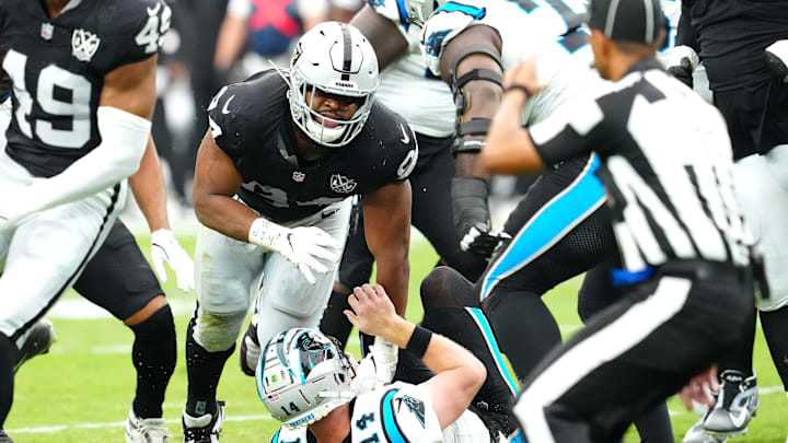 Sep 22, 2024; Paradise, Nevada, USA; Las Vegas Raiders defensive tackle Christian Wilkins (94) stands up after sacking Carolina Panthers quarterback Andy Dalton (14) during the second quarter at Allegiant Stadium. Mandatory Credit: Stephen R. Sylvanie-Imagn Images