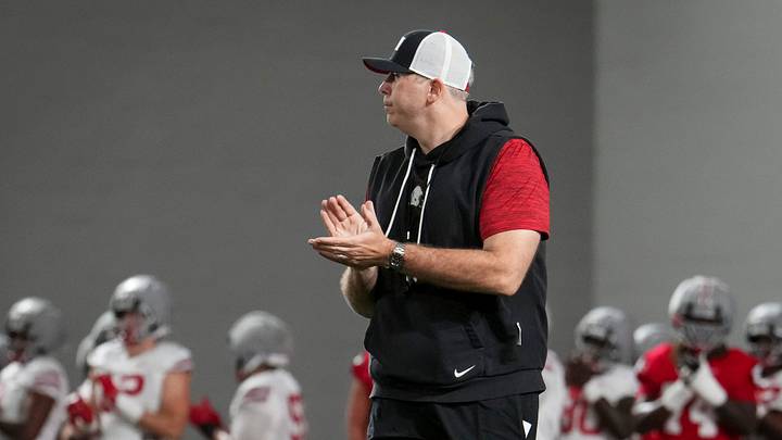 Ohio State Buckeyes offensive coordinator Arthur Smith watches during football training camp inside the Woody Hayes Athletic Center in Columbus on Aug. 7, 2026. Ohio State Buckeyes offensive coordinator Arthur Smith watches during football training camp inside the Woody Hayes Athletic Center in Columbus on Aug. 7, 2026.