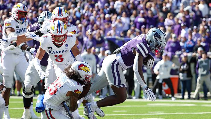 Oct 17, 2026; Manhattan, Kansas, USA; Kansas State Wildcats running back Joe Jackson (4) scores a touchdown in the second quarter against the Kansas Jayhawks at Bill Snyder Family Football Stadium. Mandatory Credit: Scott Sewell-Imagn Images Oct 17, 2026; Manhattan, Kansas, USA; Kansas State Wildcats running back Joe Jackson (4) scores a touchdown in the second quarter against the Kansas Jayhawks at Bill Snyder Family Football Stadium. Mandatory Credit: Scott Sewell-Imagn Images