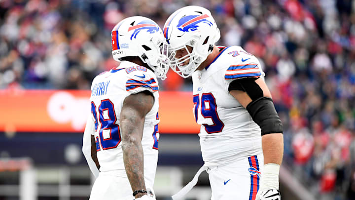 Oct 22, 2023; Foxborough, Massachusetts, USA;  Buffalo Bills running back Latavius Murray (28) and
