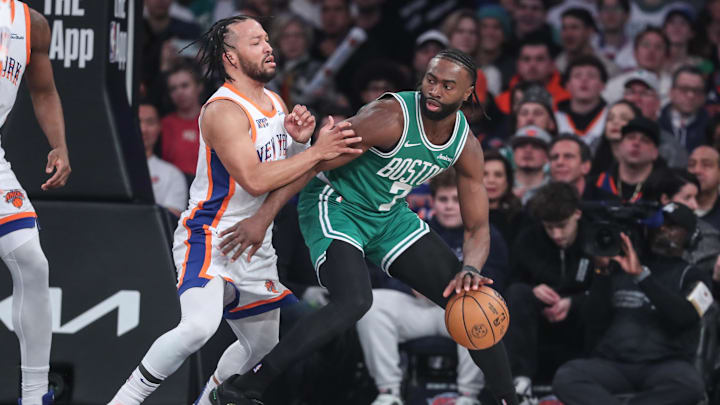 Feb 8, 2025; New York, New York, USA; Boston Celtics guard Jaylen Brown (7) looks to post up against New York Knicks guard Jalen Brunson (11) in the first quarter at Madison Square Garden. Mandatory Credit: Wendell Cruz-Imagn Images Feb 8, 2025; New York, New York, USA; Boston Celtics guard Jaylen Brown (7) looks to post up against New York Knicks guard Jalen Brunson (11) in the first quarter at Madison Square Garden. Mandatory Credit: Wendell Cruz-Imagn Images