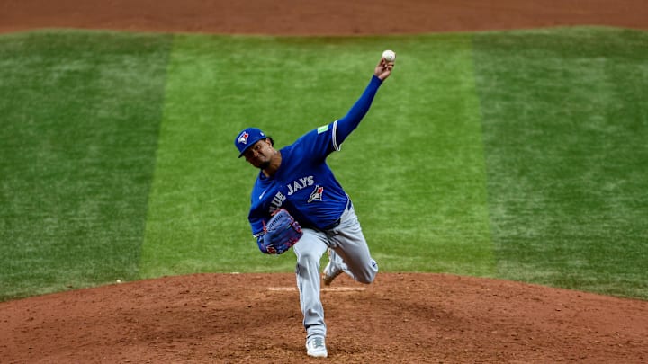 Sep 21, 2024; St. Petersburg, Florida, USA; Toronto Blue Jays pitcher Génesis Cabrera (92) throws a pitch against the Tampa Bay Rays in the eighth inning at Tropicana Field. Mandatory Credit: Nathan Ray Seebeck-Imagn Images