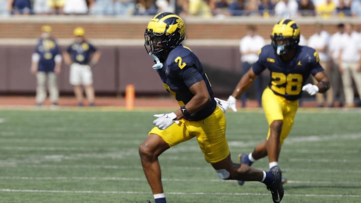 Sep 14, 2024; Ann Arbor, Michigan, USA; Michigan Wolverines defensive back Will Johnson (2) pursues a play against the Arkansas State Red Wolves at Michigan Stadium. Mandatory Credit: Rick Osentoski-Imagn Images Sep 14, 2024; Ann Arbor, Michigan, USA; Michigan Wolverines defensive back Will Johnson (2) pursues a play against the Arkansas State Red Wolves at Michigan Stadium. Mandatory Credit: Rick Osentoski-Imagn Images
