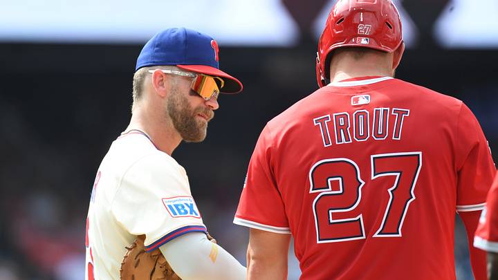 Jul 20, 2025; Philadelphia, Pennsylvania, USA; Philadelphia Phillies first base Bryce Harper (3) and Los Angeles Angels outfielder Mike Trout (27) during the sixth inning at Citizens Bank Park. Mandatory Credit: Eric Hartline-Imagn Images Jul 20, 2025; Philadelphia, Pennsylvania, USA; Philadelphia Phillies first base Bryce Harper (3) and Los Angeles Angels outfielder Mike Trout (27) during the sixth inning at Citizens Bank Park. Mandatory Credit: Eric Hartline-Imagn Images