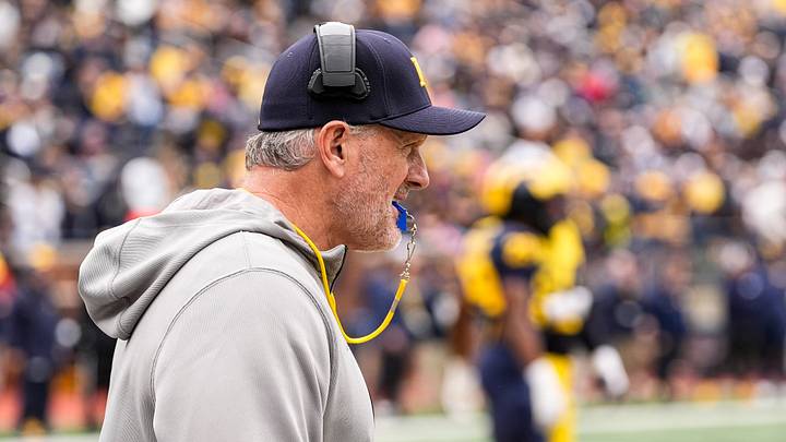 Michigan head coach Kyle Whittingham watches a play during the spring game at Michigan Stadium in Ann Arbor on Saturday, April 18, 2026. Michigan head coach Kyle Whittingham watches a play during the spring game at Michigan Stadium in Ann Arbor on Saturday, April 18, 2026.