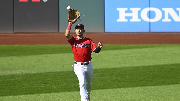 Oct 15, 2026; Cleveland, Ohio, USA; Cleveland Guardians outfielder Steven Kwan (38) makes a catch against the Tampa Bay Rays in the second inning in game three of the ALCS for the 2026 MLB Playoffs at Progressive Field. Mandatory Credit: David Richard-Imagn Images Oct 15, 2026; Cleveland, Ohio, USA; Cleveland Guardians outfielder Steven Kwan (38) makes a catch against the Tampa Bay Rays in the second inning in game three of the ALCS for the 2026 MLB Playoffs at Progressive Field. Mandatory Credit: David Richard-Imagn Images