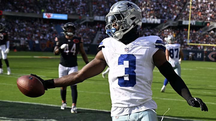 Sep 21, 2025; Chicago, Illinois, USA; Dallas Cowboys wide receiver George Pickens (3) reacts after scoring a touchdown against the Chicago Bears during the first half at Soldier Field. Mandatory Credit: Matt Marton-Imagn Images