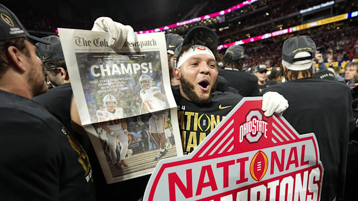Ohio State wide receiver Brandon Inniss celebrates Buckeyes winning the national championship over Notre Dame. Ohio State wide receiver Brandon Inniss celebrates Buckeyes winning the national championship over Notre Dame.