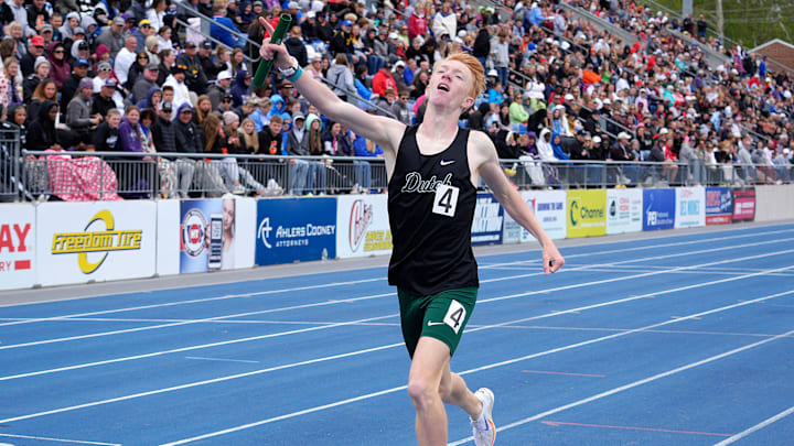 Pella’s anchor runner Canaan Dunham celebrates while finishing during 3A boys 4x800-meter relay in the Iowa High School co-ed state Track and field at Drake Stadium on May 22, 2025, in Des Moines, Iowa. Pella’s anchor runner Canaan Dunham celebrates while finishing during 3A boys 4x800-meter relay in the Iowa High School co-ed state Track and field at Drake Stadium on May 22, 2025, in Des Moines, Iowa.