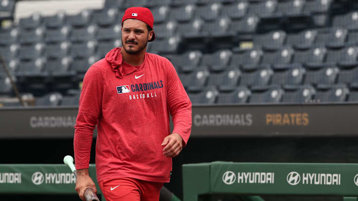 Jun 30, 2025; Pittsburgh, Pennsylvania, USA;  St. Louis Cardinals third baseman Nolan Arenado (28) looks on before the game against the Pittsburgh Pirates at PNC Park. Mandatory Credit: Charles LeClaire-Imagn Images