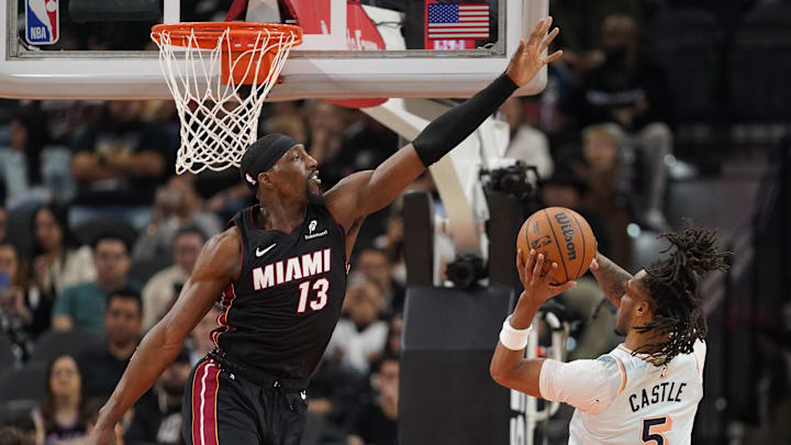 Feb 1, 2025; San Antonio, Texas, USA; San Antonio Spurs guard Stephon Castle (5) shoots over Miami Heat center Bam Adebayo (13) during the second half at Frost Bank Center. Mandatory Credit: Scott Wachter-Imagn Images Feb 1, 2025; San Antonio, Texas, USA; San Antonio Spurs guard Stephon Castle (5) shoots over Miami Heat center Bam Adebayo (13) during the second half at Frost Bank Center. Mandatory Credit: Scott Wachter-Imagn Images