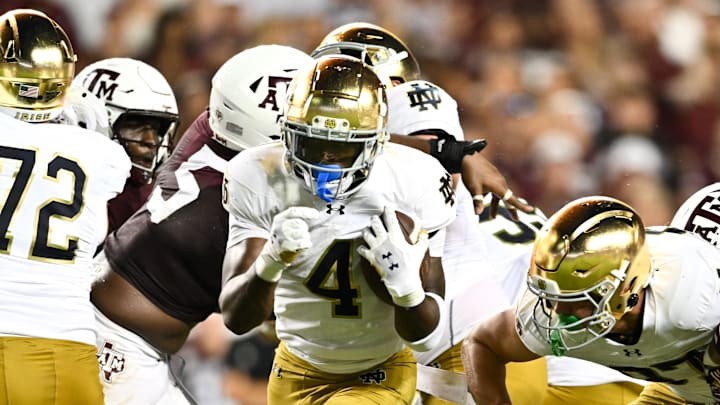Aug 31, 2024; College Station, Texas, USA; Notre Dame Fighting Irish running back Jeremiyah Love (4) breaks free and runs the ball into the end zone for a touchdown in the fourth quarter against the Texas A&M Aggies at Kyle Field. Mandatory Credit: Maria Lysaker-Imagn Images