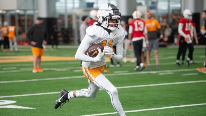 Tennessee wide receiver Chris Brazzell II (11) during UT spring football practice on Tuesday, March 19, 2024. Tennessee wide receiver Chris Brazzell II (11) during UT spring football practice on Tuesday, March 19, 2024.