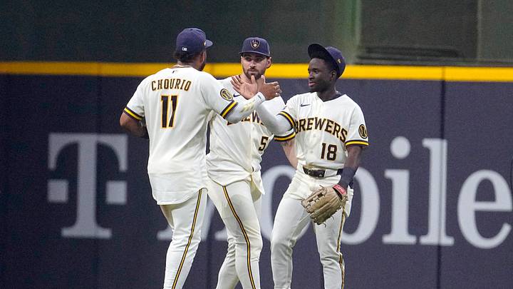 Aug 4, 2026; Milwaukee, Wisconsin, USA; Milwaukee Brewers outfielder Jackson Chourio (11), outfielder Garrett Mitchell (5) and outfielder Luis Lara (18) celebrate a win over the Pittsburgh Pirates at American Family Field. Mandatory Credit: Michael McLoone-Imagn Images Aug 4, 2026; Milwaukee, Wisconsin, USA; Milwaukee Brewers outfielder Jackson Chourio (11), outfielder Garrett Mitchell (5) and outfielder Luis Lara (18) celebrate a win over the Pittsburgh Pirates at American Family Field. Mandatory Credit: Michael McLoone-Imagn Images