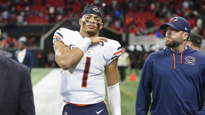 Nov 20, 2022; Atlanta, Georgia, USA; Chicago Bears quarterback Justin Fields (1) walks off the field