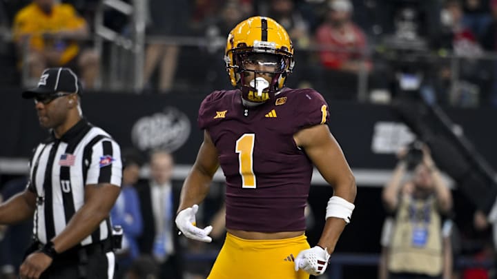 Dec 7, 2024; Arlington, TX, USA; Arizona State Sun Devils wide receiver Xavier Guillory (1) celebrates during the game between the Iowa State Cyclones and the Arizona State Sun Devils at AT&T Stadium. Mandatory Credit: Jerome Miron-Imagn Images