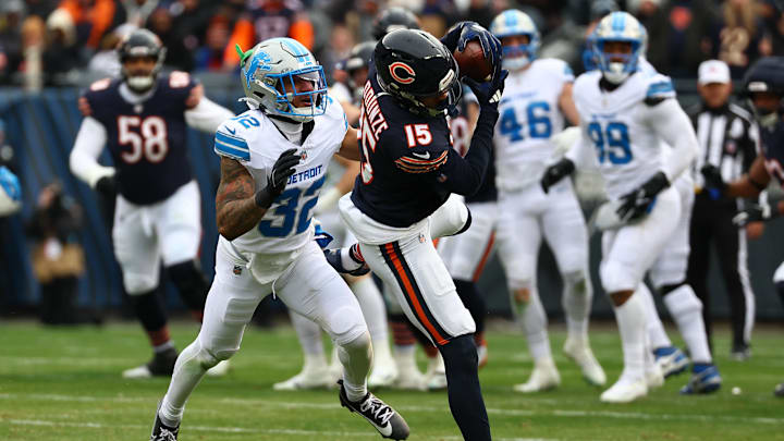 Bears wide receiver Rome Odunze (15) makes a catch against Detroit Lions safety Brian Branch (32) in 2024 Bears wide receiver Rome Odunze (15) makes a catch against Detroit Lions safety Brian Branch (32) in 2024