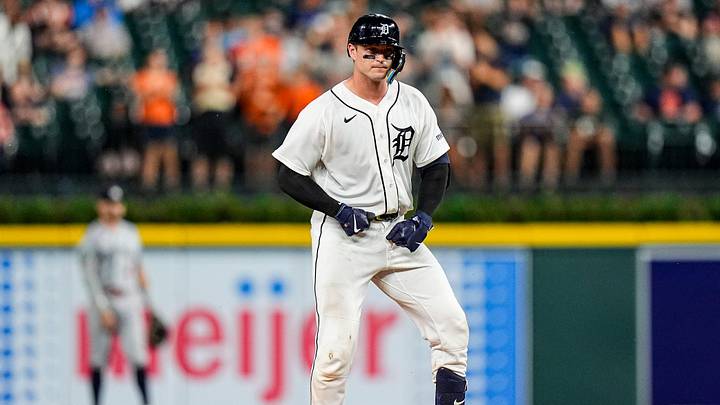 Detroit Tigers catcher Dillon Dingler celebrates batting a double. Detroit Tigers catcher Dillon Dingler celebrates batting a double.
