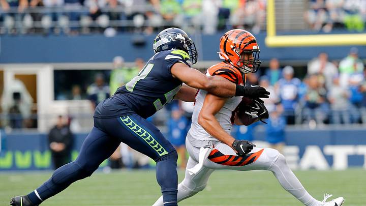 Cincinnati Bengals tight end C.J. Uzomah (87) fights a tackle from Seattle Seahawks middle linebacker Bobby Wagner (54) in the fourth quarter of the NFL Week 1 game between the Seattle Seahawks and the Cincinnati Bengals at CenturyLink Field in Seattle on Sunday, Sept. 8, 2019. The Bengals lost 21-20 in the season opener.
Cincinnati Bengals At Seattle Seahawks Cincinnati Bengals tight end C.J. Uzomah (87) fights a tackle from Seattle Seahawks middle linebacker Bobby Wagner (54) in the fourth quarter of the NFL Week 1 game between the Seattle Seahawks and the Cincinnati Bengals at CenturyLink Field in Seattle on Sunday, Sept. 8, 2019. The Bengals lost 21-20 in the season opener.
Cincinnati Bengals At Seattle Seahawks