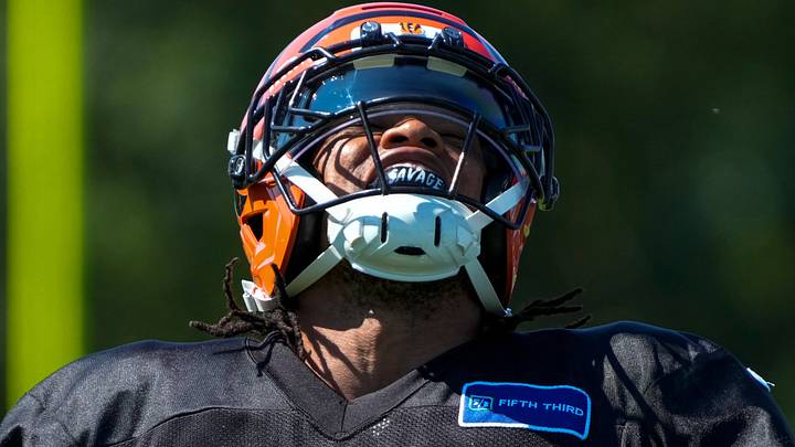 Cincinnati Bengals safety Bryan Cook (6) cheers after breaking up a play during practice at the Paycor Stadium practice facility in downtown Cincinnati on Tuesday, Aug. 4, 2026. Cincinnati Bengals safety Bryan Cook (6) cheers after breaking up a play during practice at the Paycor Stadium practice facility in downtown Cincinnati on Tuesday, Aug. 4, 2026.