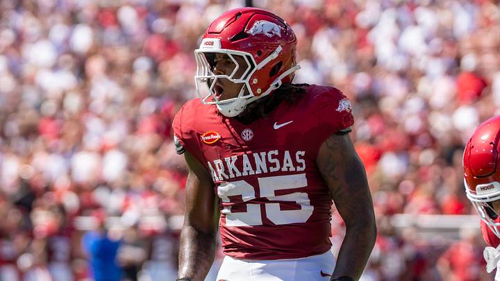 Arkansas Razorbacks linebacker Ja'Quavion Smith celebrates after making a tackle for loss against Georga Bulldogs inside Razorback Stadium on Saturday, Sept. 19, 2026. Arkansas Razorbacks linebacker Ja'Quavion Smith celebrates after making a tackle for loss against Georga Bulldogs inside Razorback Stadium on Saturday, Sept. 19, 2026.
