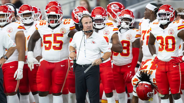 Aug 9, 2025; Glendale, Arizona, USA; Kansas City Chiefs defensive coordinator Steve Spagnuolo against the Arizona Cardinals during a preseason NFL game at State Farm Stadium. Mandatory Credit: Mark J. Rebilas-Imagn Images
