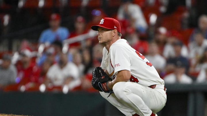 Jul 8, 2025; St. Louis, Missouri, USA;  St. Louis Cardinals starting pitcher Sonny Gray (54) looks on after giving up a one run single to Washington Nationals left fielder James Wood (not pictured) during the third inning at Busch Stadium. Mandatory Credit: Jeff Curry-Imagn Images