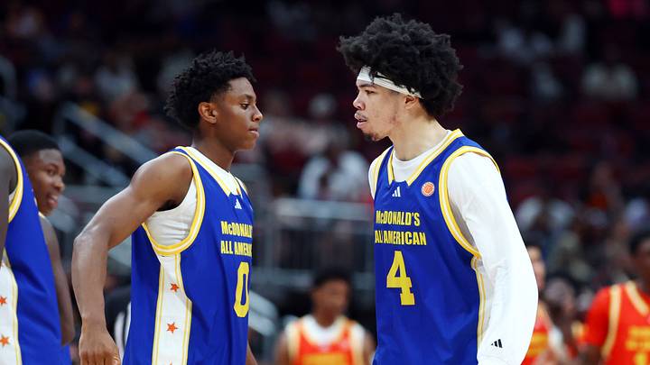 Mar 31, 2026; Glendale, AZ, USA; Tyran Stokes (4) with Brandon McCoy Jr (0) during the McDonalds All American Boys Game at Desert Diamond Arena. Mandatory Credit: Mark J. Rebilas-Imagn Images Mar 31, 2026; Glendale, AZ, USA; Tyran Stokes (4) with Brandon McCoy Jr (0) during the McDonalds All American Boys Game at Desert Diamond Arena. Mandatory Credit: Mark J. Rebilas-Imagn Images