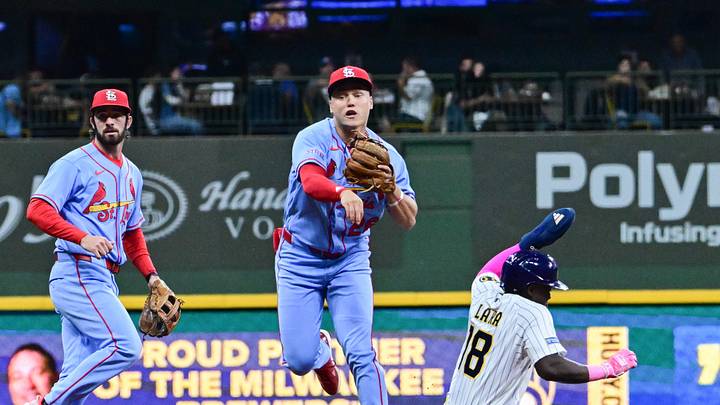 Sep 26, 2026; Milwaukee, Wisconsin, USA; St. Louis Cardinals second baseman JJ Wetherholt (26) completes a double play after forcing out Milwaukee Brewers center fielder Luis Lara (18) in the second inning at American Family Field. Mandatory Credit: Benny Sieu-Imagn Images Sep 26, 2026; Milwaukee, Wisconsin, USA; St. Louis Cardinals second baseman JJ Wetherholt (26) completes a double play after forcing out Milwaukee Brewers center fielder Luis Lara (18) in the second inning at American Family Field. Mandatory Credit: Benny Sieu-Imagn Images