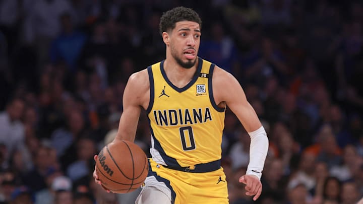 May 14, 2024; New York, New York, USA; Indiana Pacers guard Tyrese Haliburton (0) dribbles up court during the first half during game five of the second round for the 2024 NBA playoffs against the New York Knicks at Madison Square Garden. Mandatory Credit: Vincent Carchietta-Imagn Images