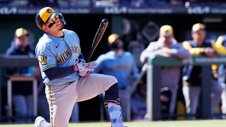 Apr 4, 2026; Kansas City, Missouri, USA; Milwaukee Brewers catcher William Contreras (24) reacts after a fly ball during the ninth inning against the Kansas City Royals at Kauffman Stadium. Mandatory Credit: William Purnell-Imagn Images