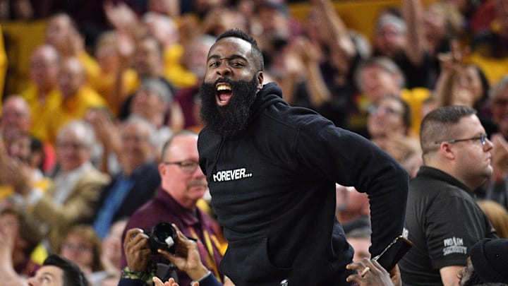 Jan 11, 2018; Tempe, AZ, USA; Houston Rockets guard James Harden and Arizona State Sun Devils former player attends a Sun Devils game against the Oregon Ducks during the first half at Wells-Fargo Arena. Mandatory Credit: Joe Camporeale-Imagn Images